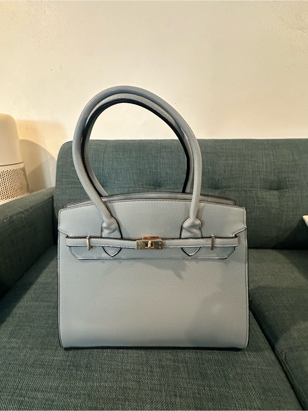 Structured Satchel Handbag in Light Blue with Gold Hardware